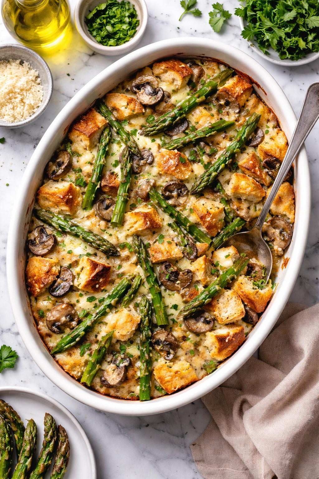 An overheard picture view of a plate of Asparagus and Mushroom Strata sitting on a marble countertop table in the kitchen, professional food photography style.