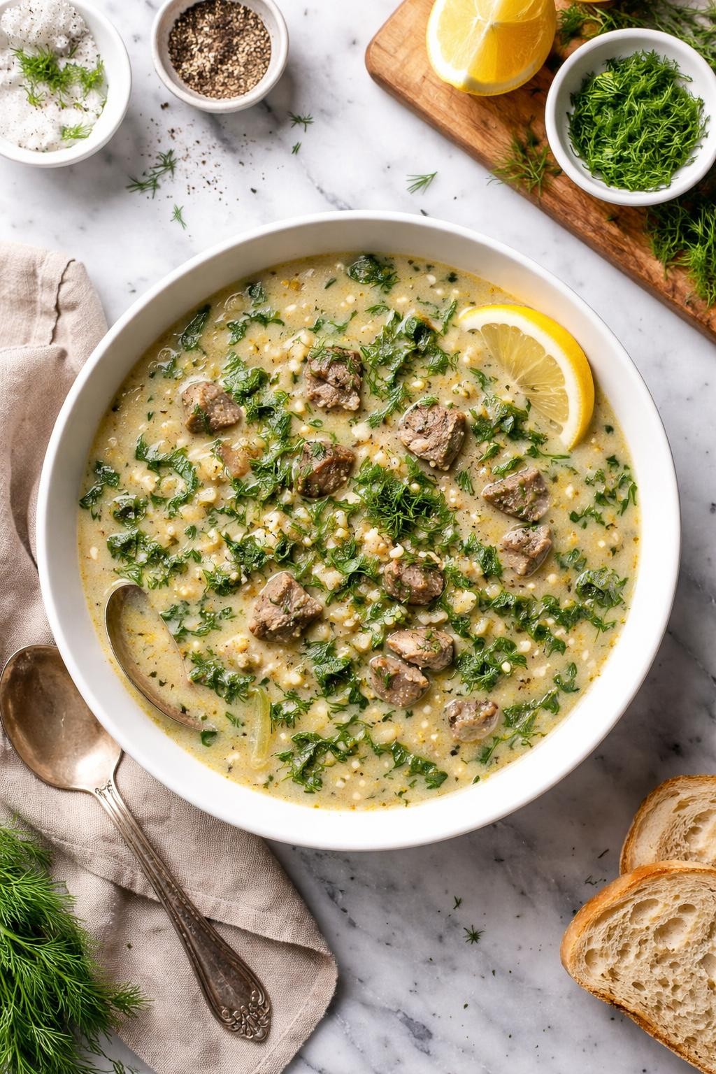 An overheard picture view of a plate of Magiritsa (Easter Soup) sitting on a marble countertop table in the kitchen, professional food photography style.