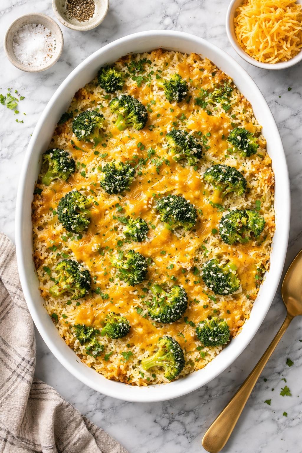 An overheard picture view of a plate of Broccoli Cheese Rice Casserole sitting on a marble countertop table in the kitchen, professional food photography style.
