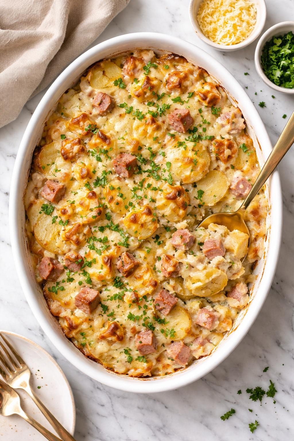 An overheard picture view of a plate of Ham and Potato Casserole sitting on a marble countertop table in the kitchen, professional food photography style.