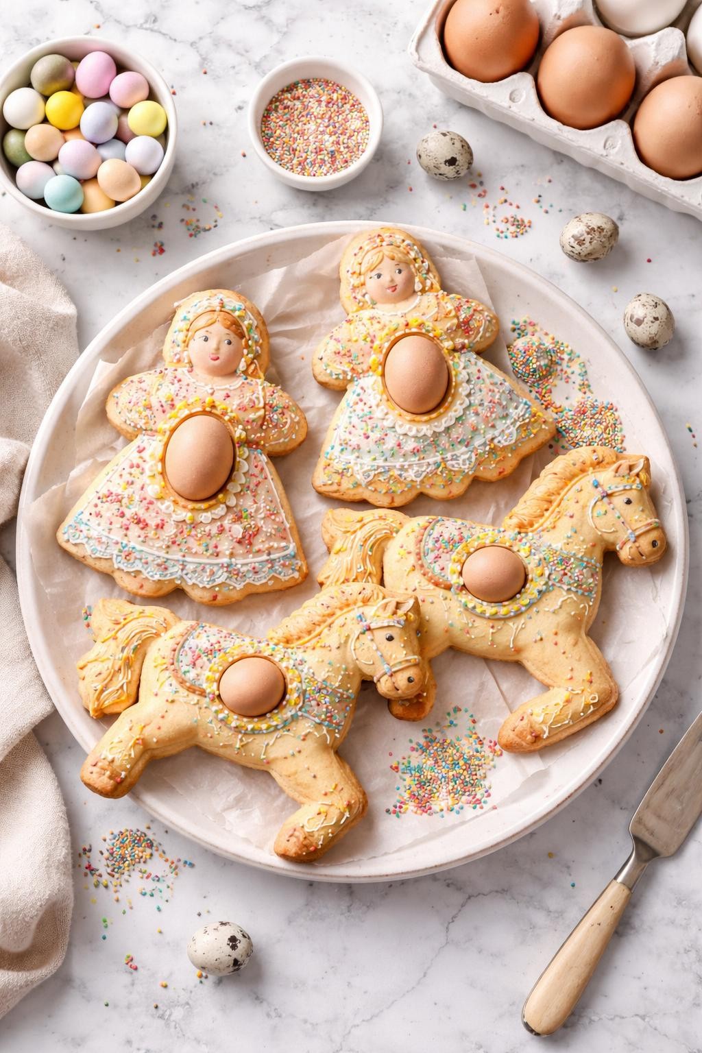 An overheard picture view of a plate of La Pupa e'O Cavallo (Abruzzo's Easter Sweets) sitting on a marble countertop table in the kitchen, professional food photography style.