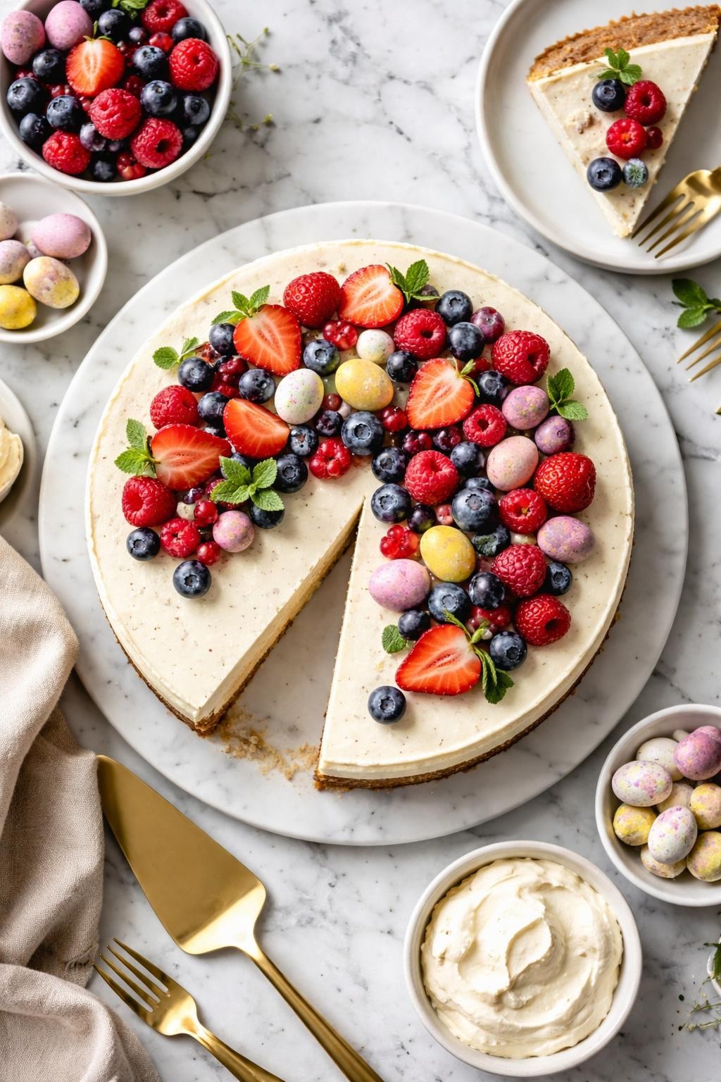 An overheard picture view of a plate of Vanilla Bean and Berry Easter Cheesecake sitting on a marble countertop table in the kitchen, professional food photography style.