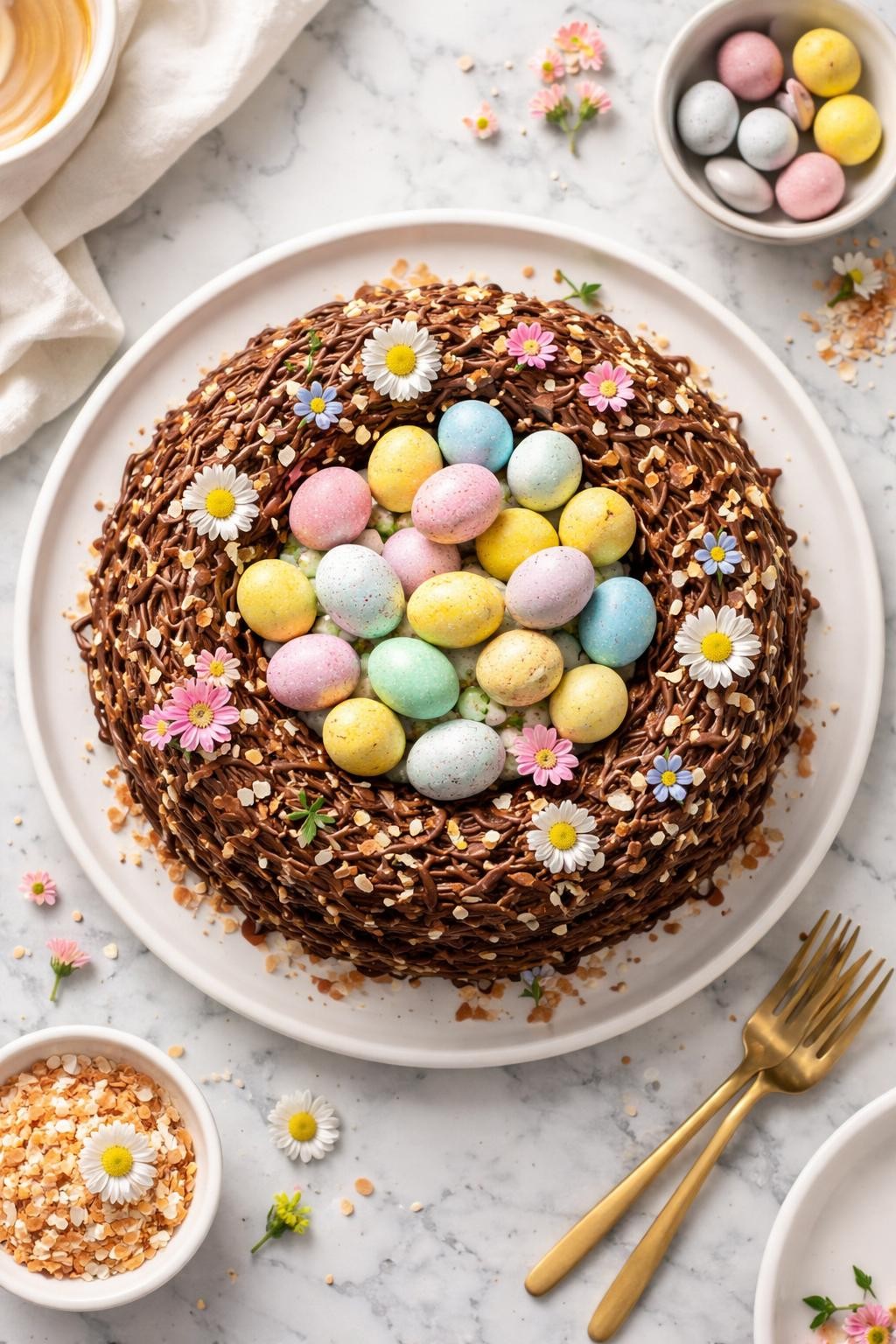 An overheard picture view of a plate of Easter Egg Nest Cake sitting on a marble countertop table in the kitchen, professional food photography style.