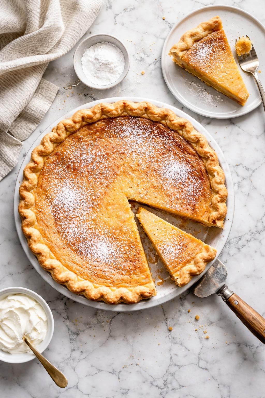 An overheard picture view of a plate of Chess Pie sitting on a marble countertop table in the kitchen, professional food photography style.