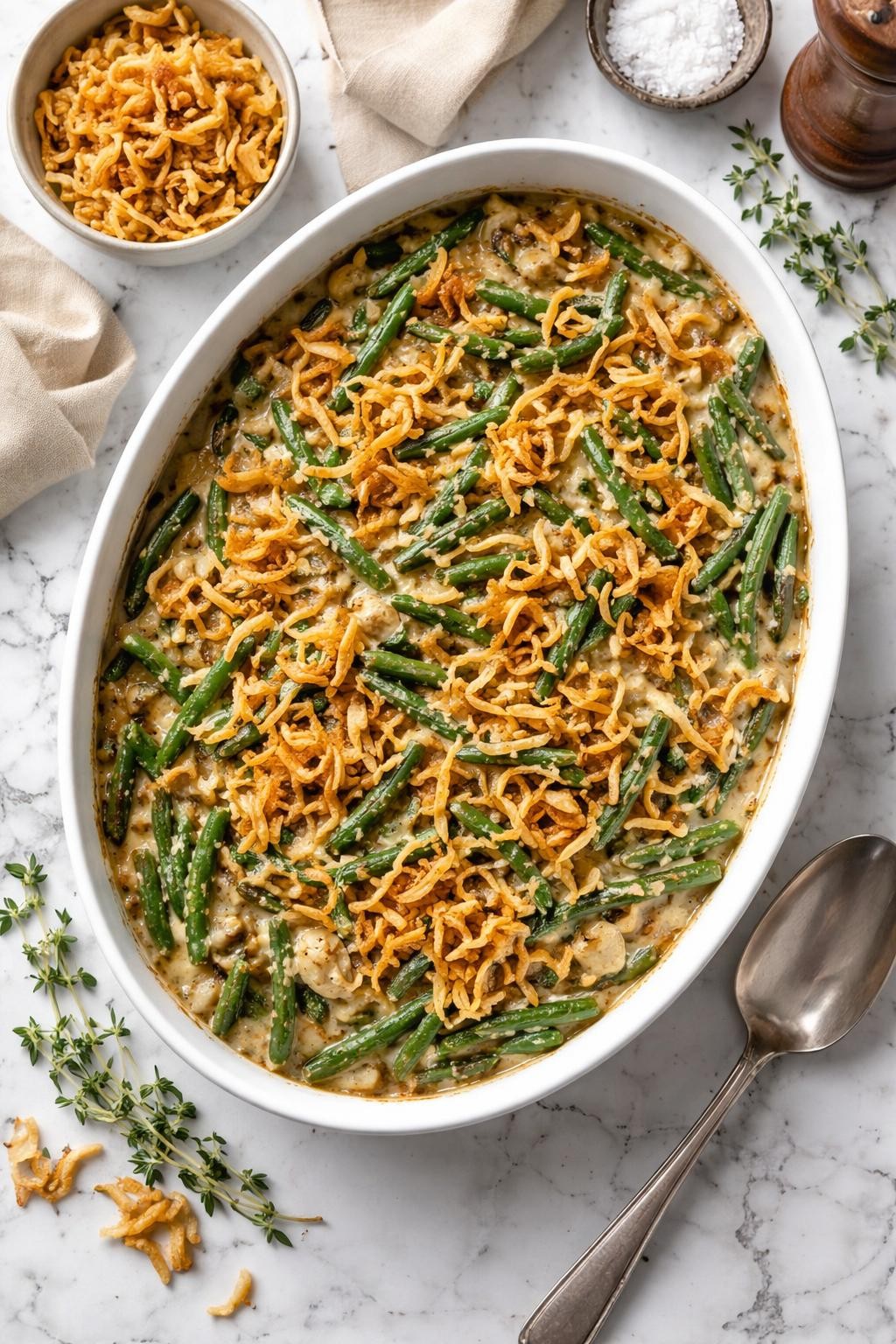 An overheard picture view of a plate of Green Bean Casserole sitting on a marble countertop table in the kitchen, professional food photography style.