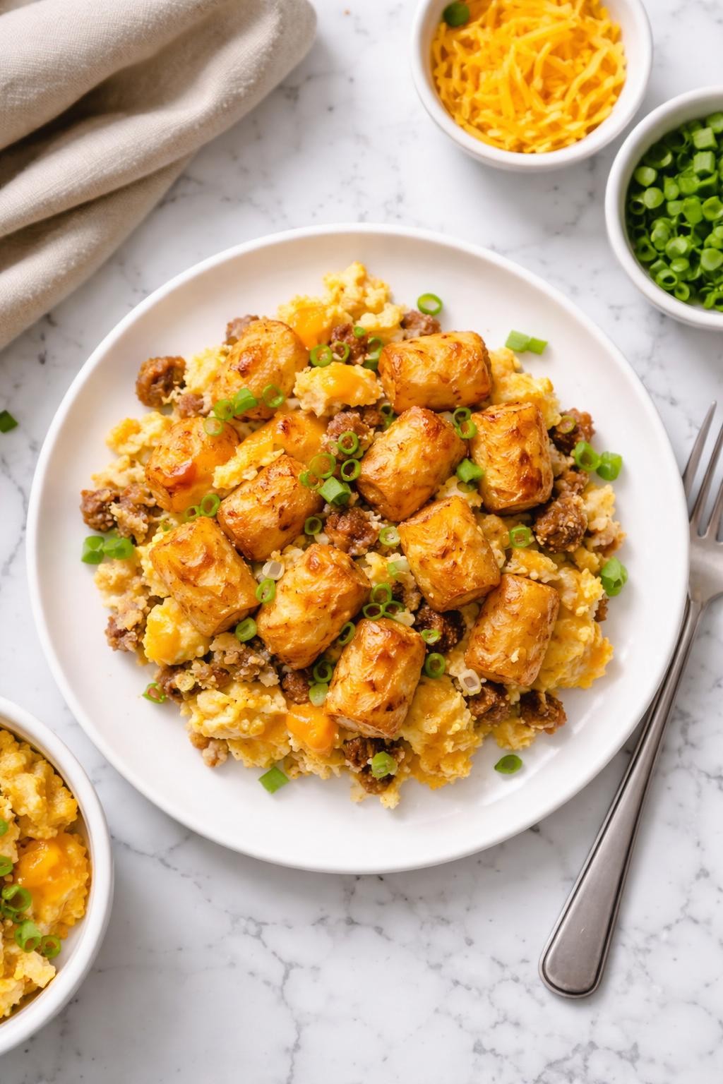 An overheard picture view of a plate of Tater Tot Breakfast Casserole sitting on a marble countertop table in the kitchen, professional food photography style.