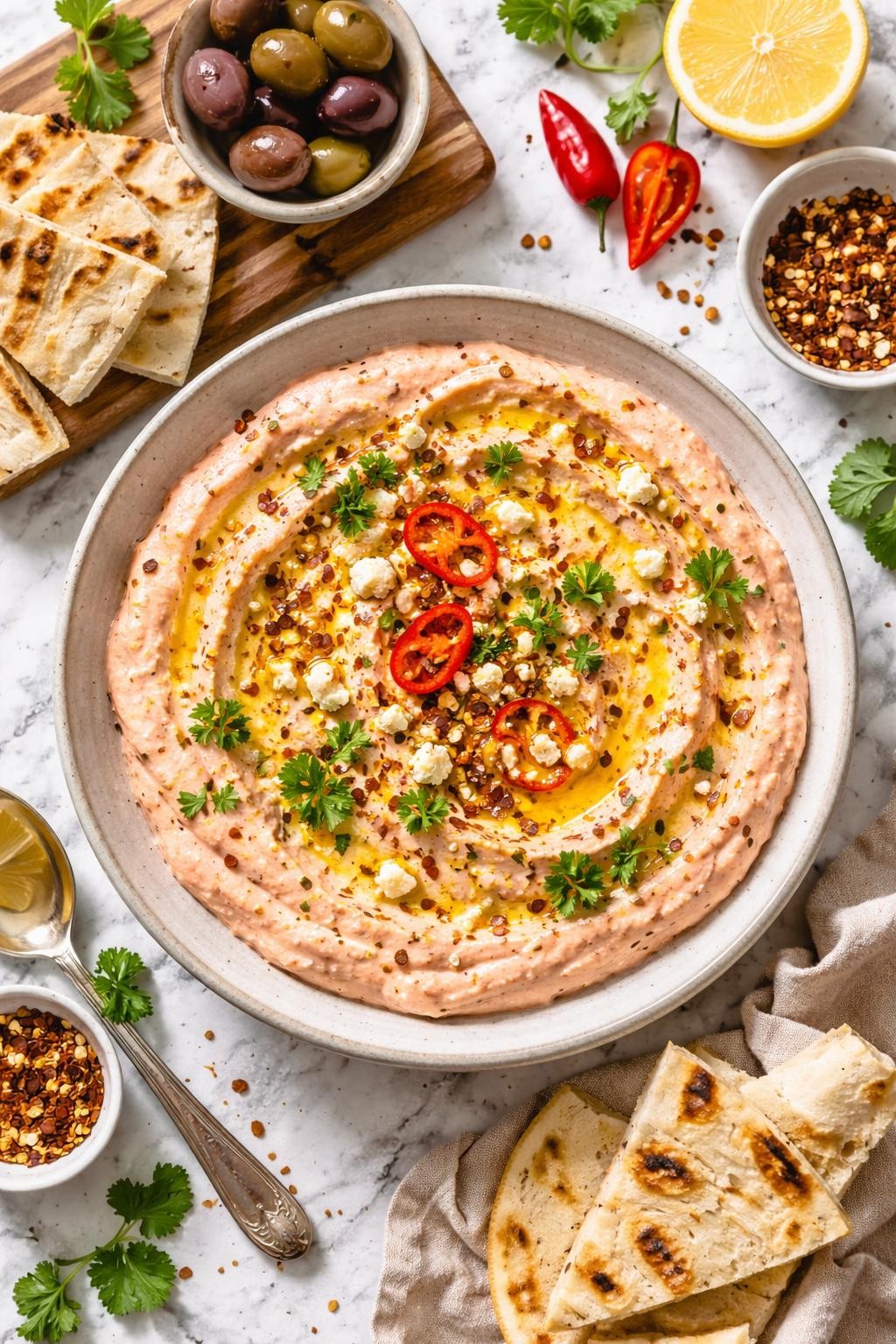 An overheard picture view of a plate of Tyrokafteri (Spicy Feta Dip) sitting on a marble countertop table in the kitchen, professional food photography style.