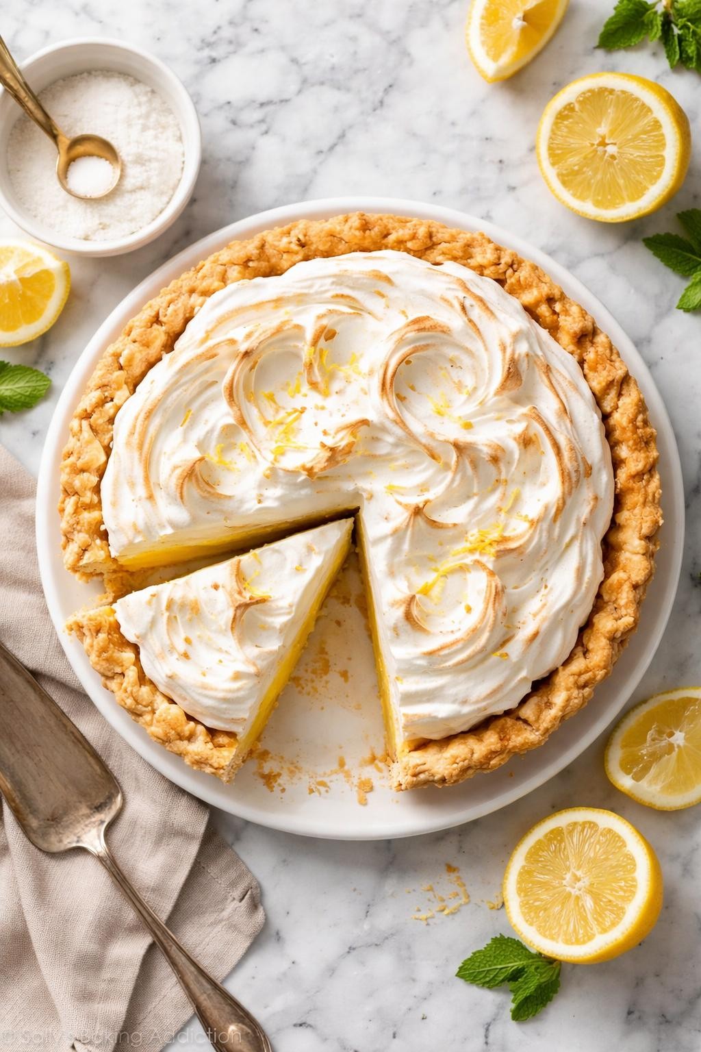 An overheard picture view of a plate of Classic Lemon Meringue Pie sitting on a marble countertop table in the kitchen, professional food photography style.