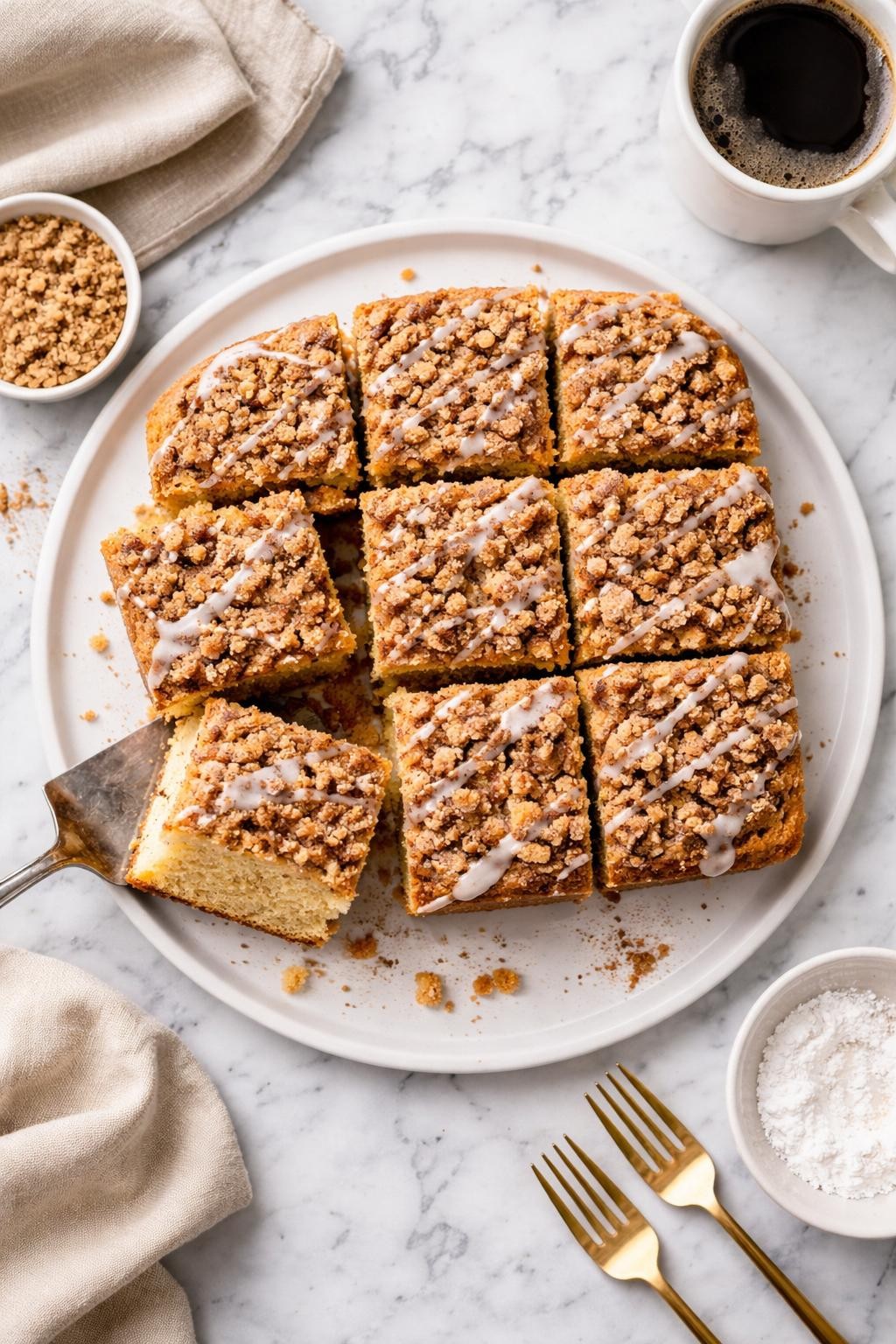 An overheard picture view of a plate of Make-Ahead Coffee Cake sitting on a marble countertop table in the kitchen, professional food photography style.