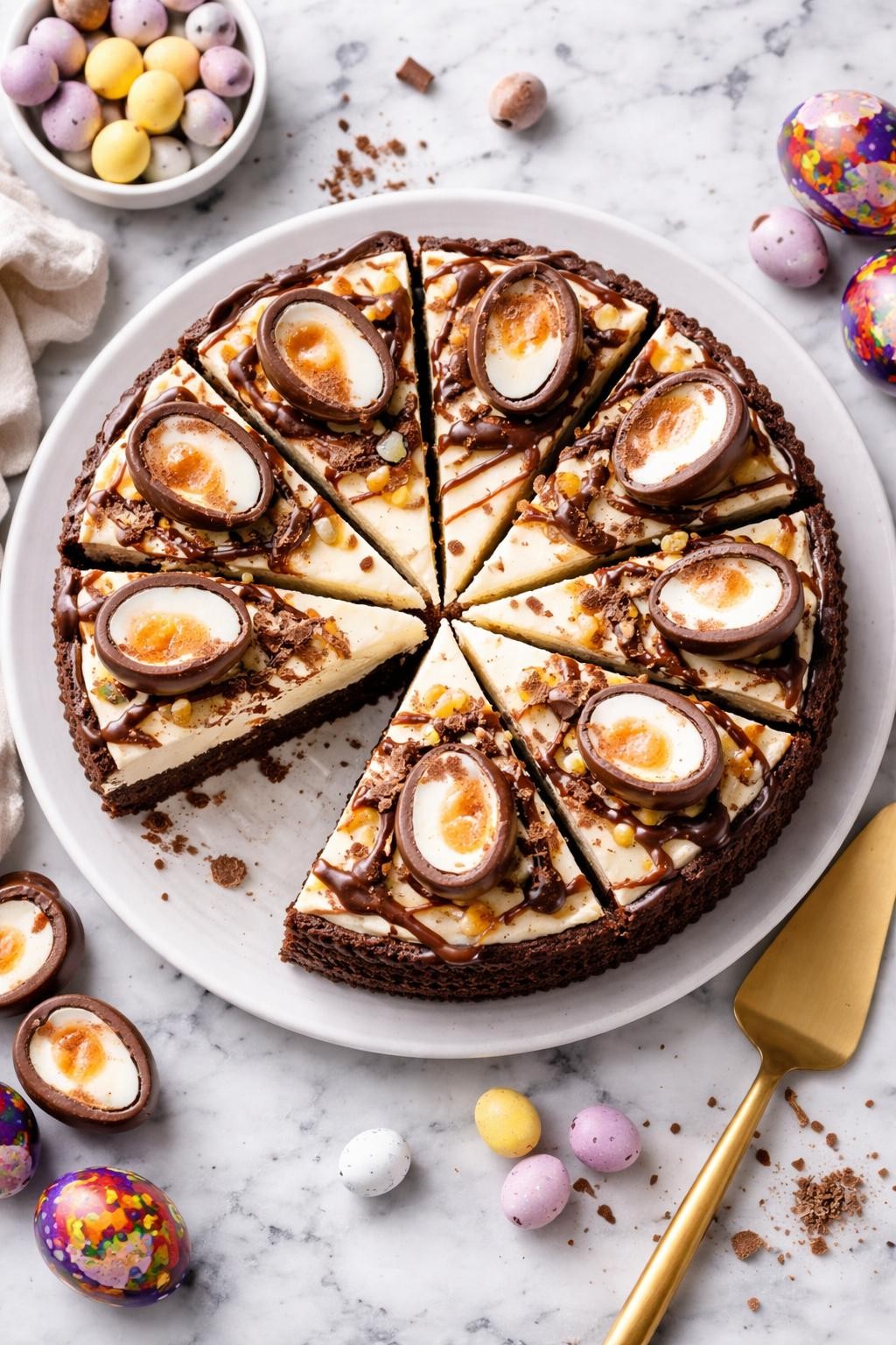 An overheard picture view of a plate of Cadbury Creme Egg Cheesecake sitting on a marble countertop table in the kitchen, professional food photography style.