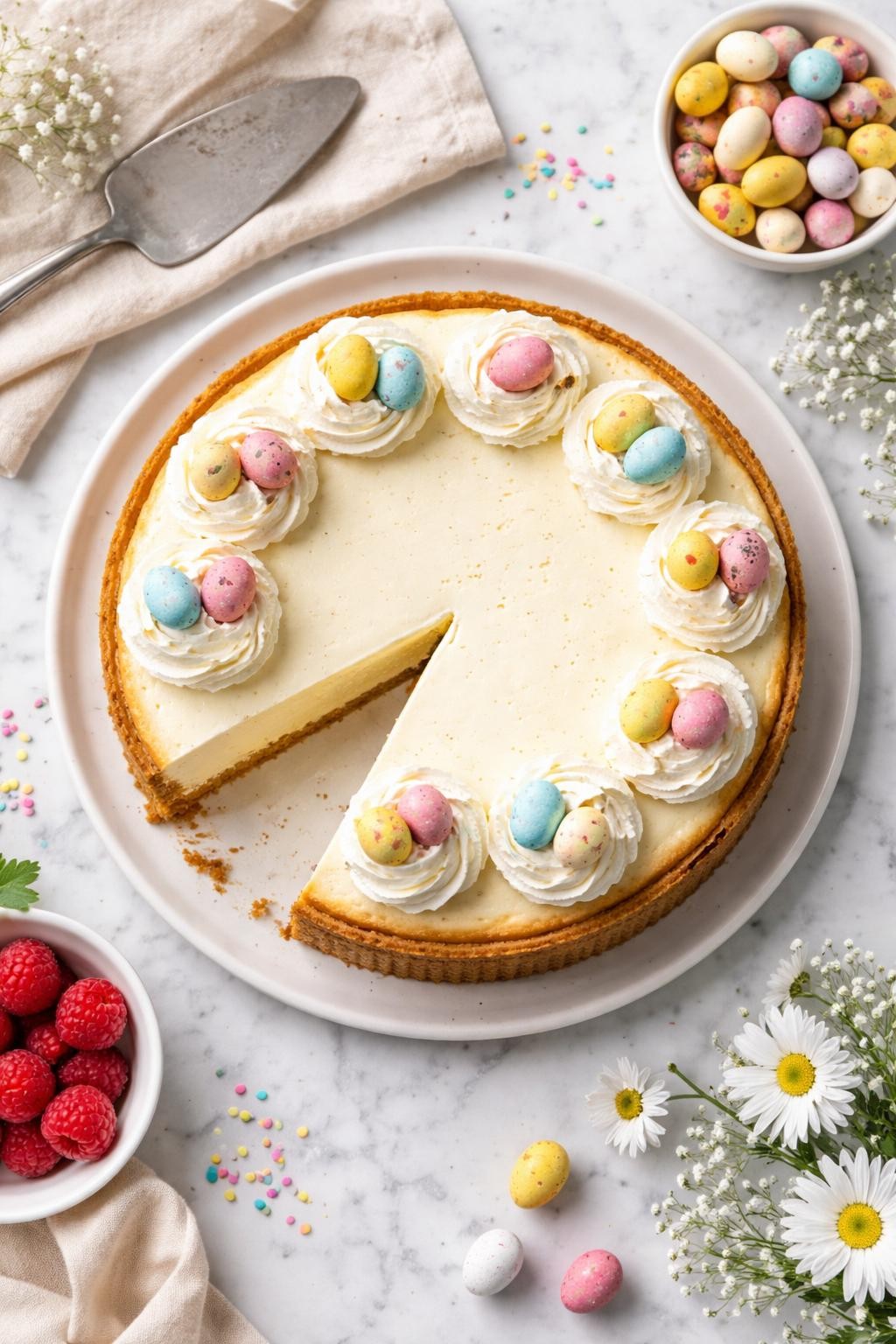 An overheard picture view of a plate of Classic New York Style Easter Cheesecake sitting on a marble countertop table in the kitchen, professional food photography style.