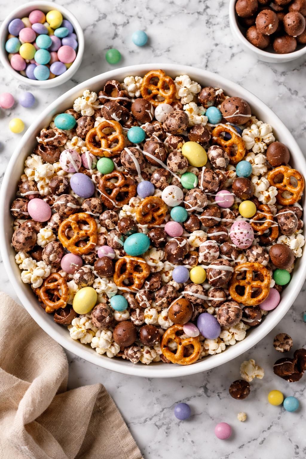 An overheard picture view of a plate of Chocolate Lover's Easter Snack Mix sitting on a marble countertop table in the kitchen, professional food photography style.