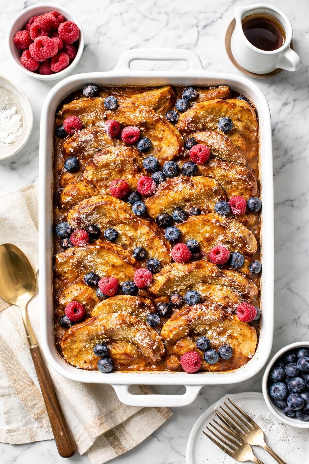 An overheard picture view of a plate of Make-Ahead French Toast Casserole sitting on a marble countertop table in the kitchen, professional food photography style.