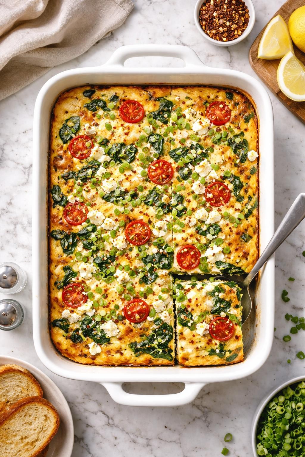 An overheard picture view of a plate of Spinach and Feta Breakfast Casserole sitting on a marble countertop table in the kitchen, professional food photography style.