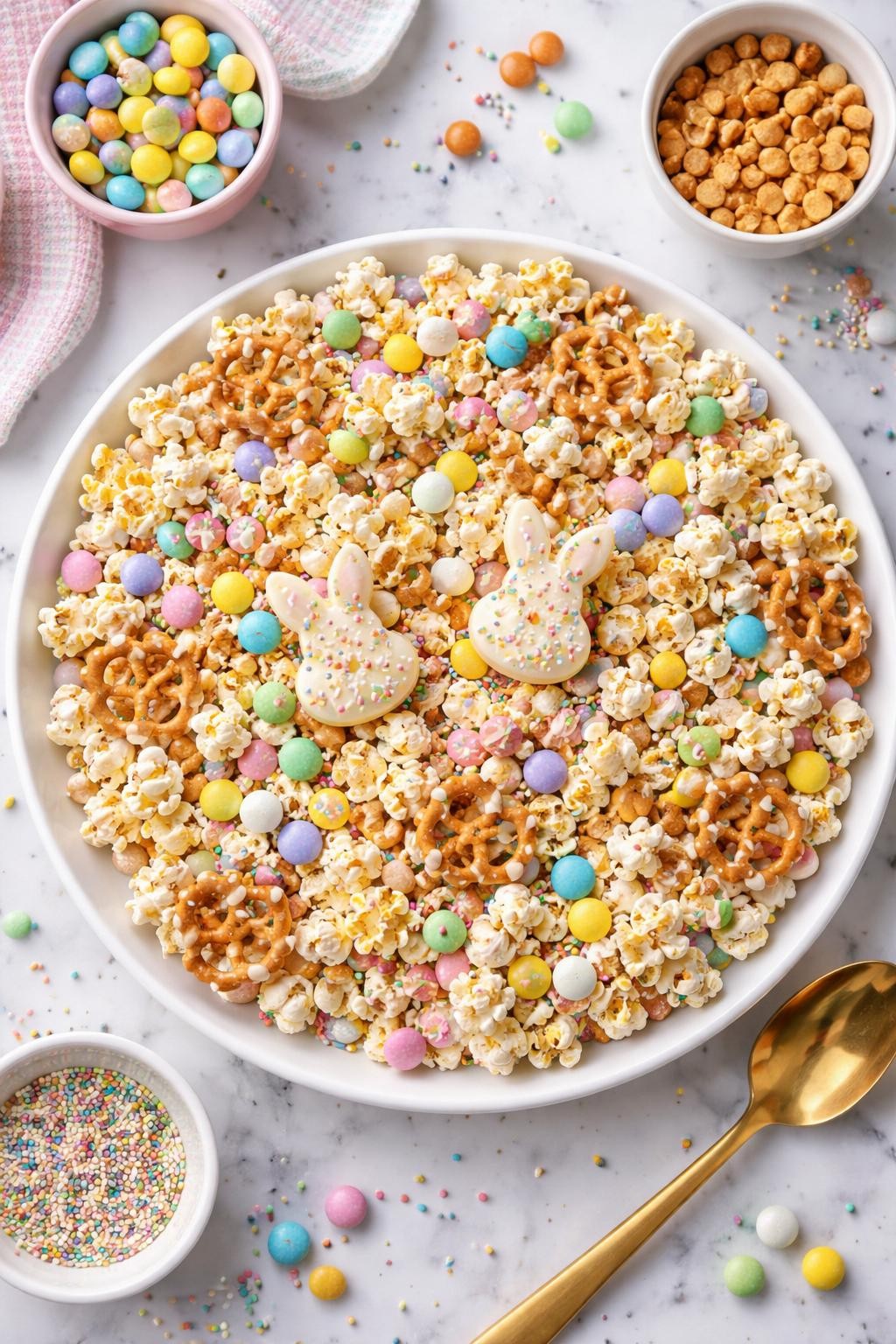 An overheard picture view of a plate of Butterscotch Bunny Bait sitting on a marble countertop table in the kitchen, professional food photography style.