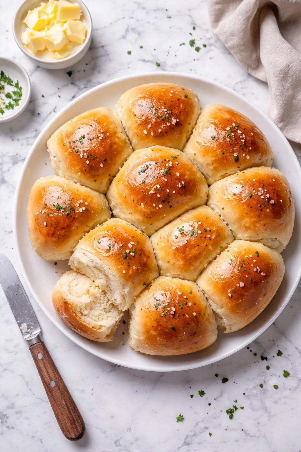 An overheard picture view of a plate of Fluffy Dinner Rolls sitting on a marble countertop table in the kitchen, professional food photography style.