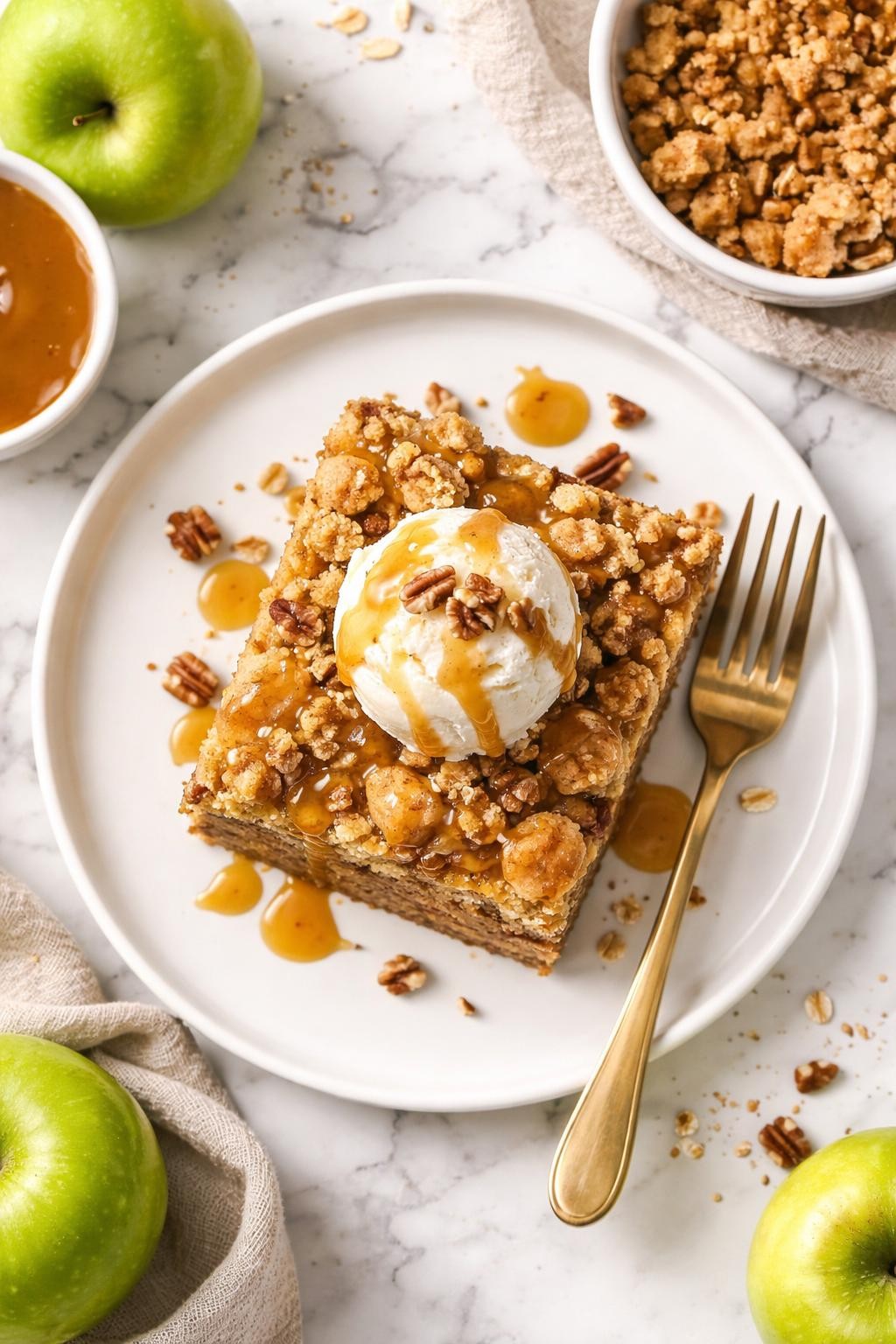 An overheard picture view of a plate of Caramel Apple Crumble Cake sitting on a marble countertop table in the kitchen, professional food photography style.