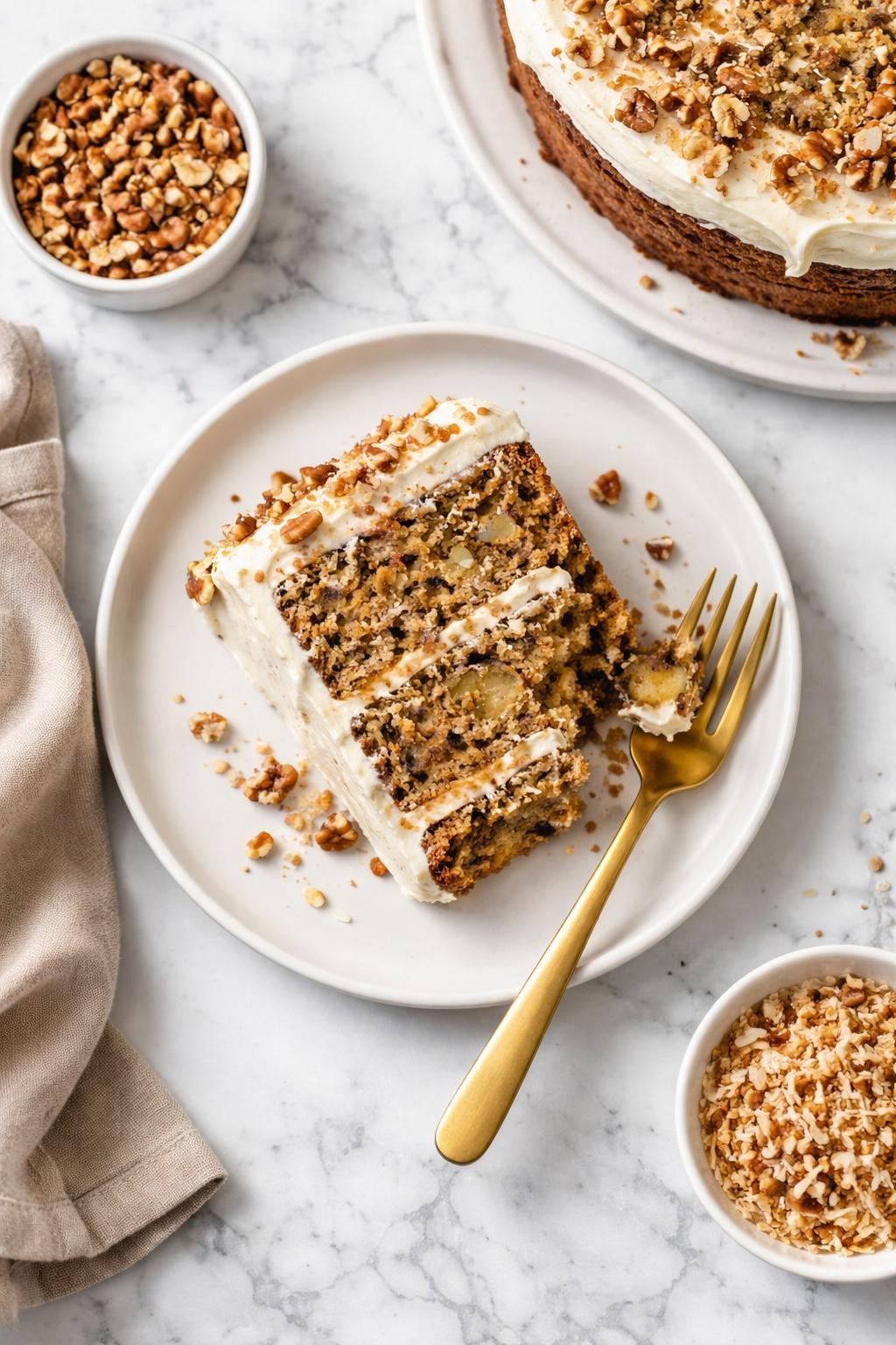 An overheard picture view of a plate of Hummingbird Cake sitting on a marble countertop table in the kitchen, professional food photography style.