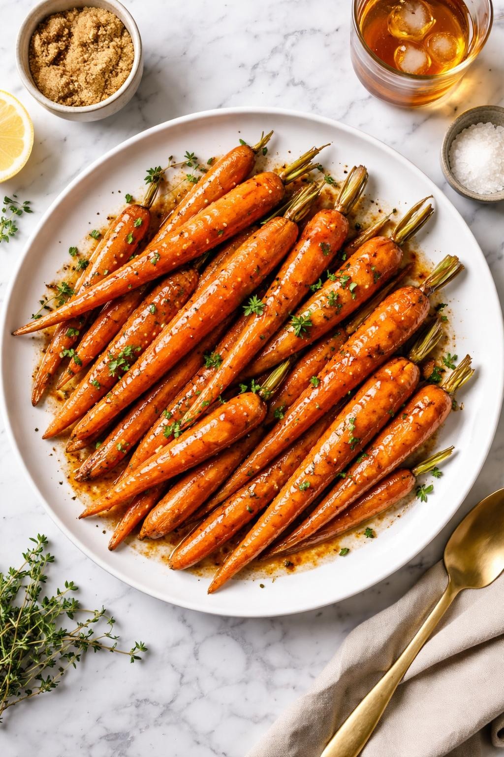 An overheard picture view of a plate of Glazed Carrots with Bourbon and Brown Sugar sitting on a marble countertop table in the kitchen, professional food photography style.
