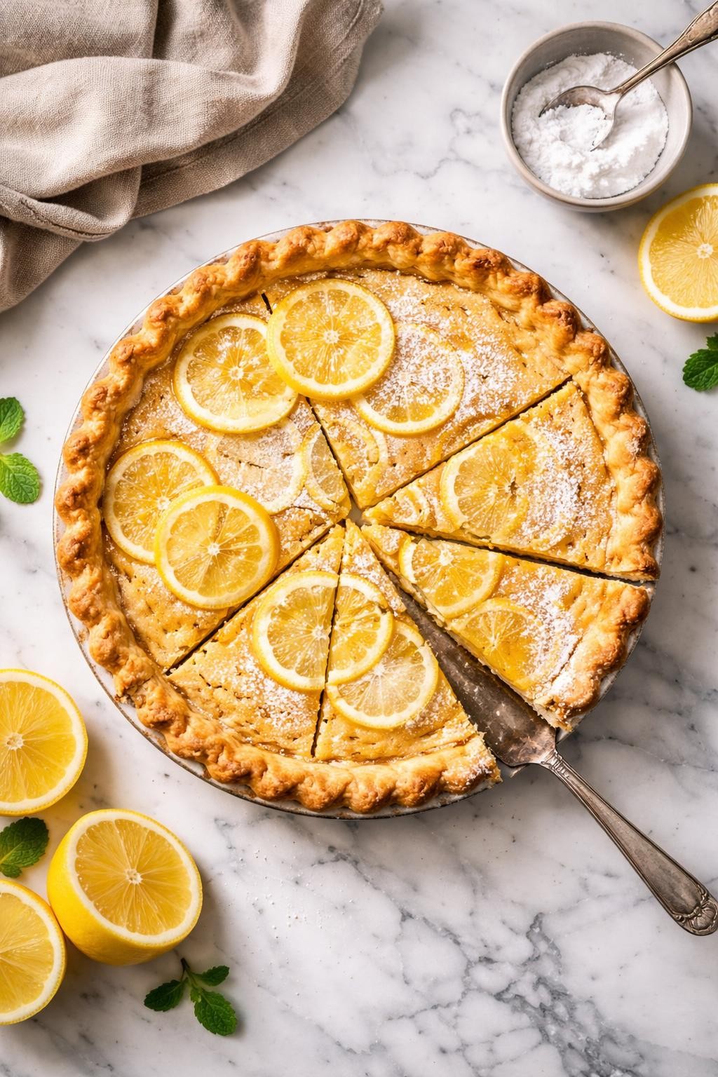 An overheard picture view of a plate of Shaker Lemon Pie sitting on a marble countertop table in the kitchen, professional food photography style.