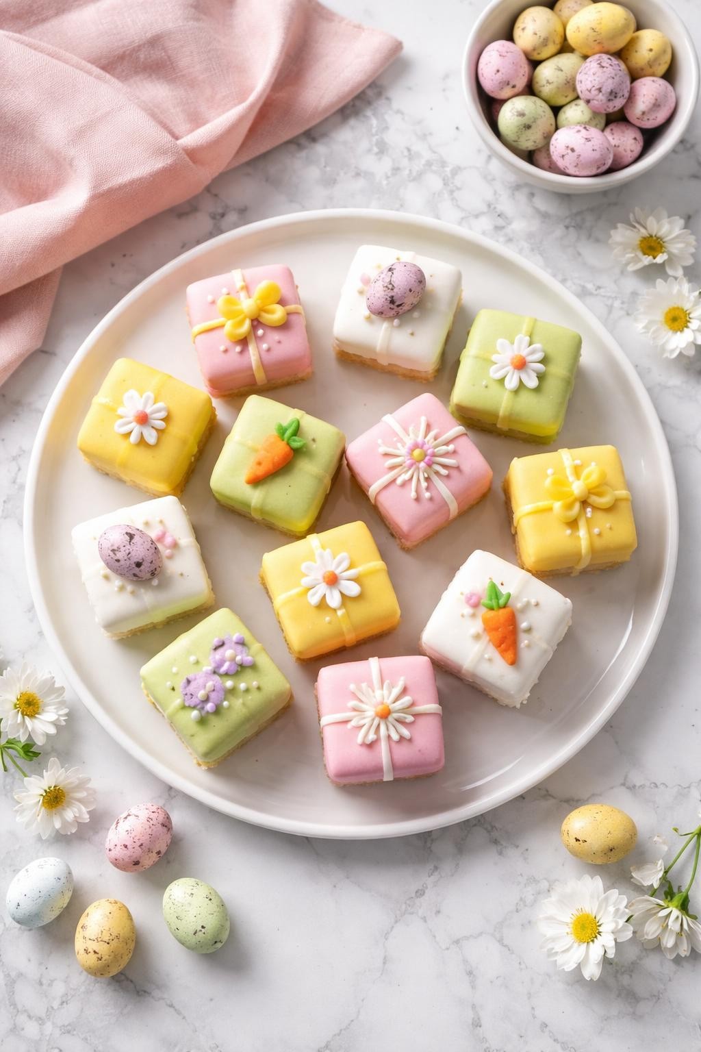 An overheard picture view of a plate of Simple Easter Petit Fours sitting on a marble countertop table in the kitchen, professional food photography style.
