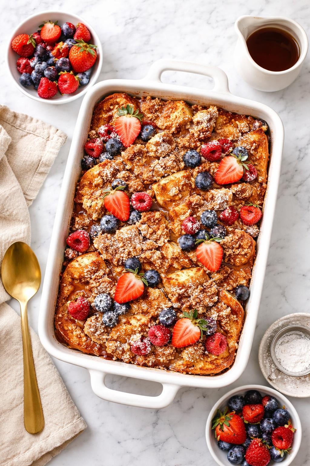 An overheard picture view of a plate of Baked French Toast Casserole sitting on a marble countertop table in the kitchen, professional food photography style.