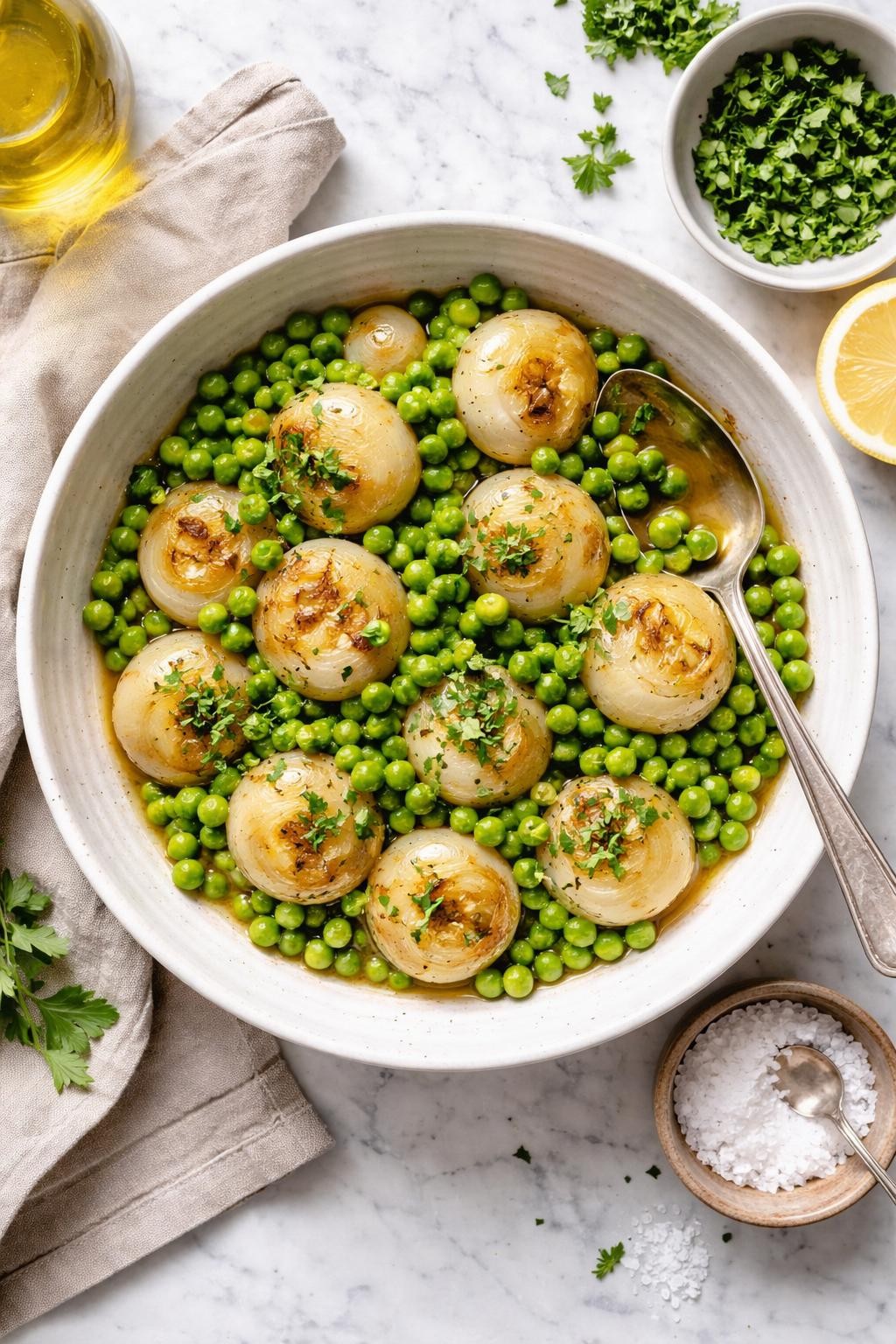 An overheard picture view of a plate of Cipolline Novelle con Piselli (Spring Onions and Peas) sitting on a marble countertop table in the kitchen, professional food photography style.