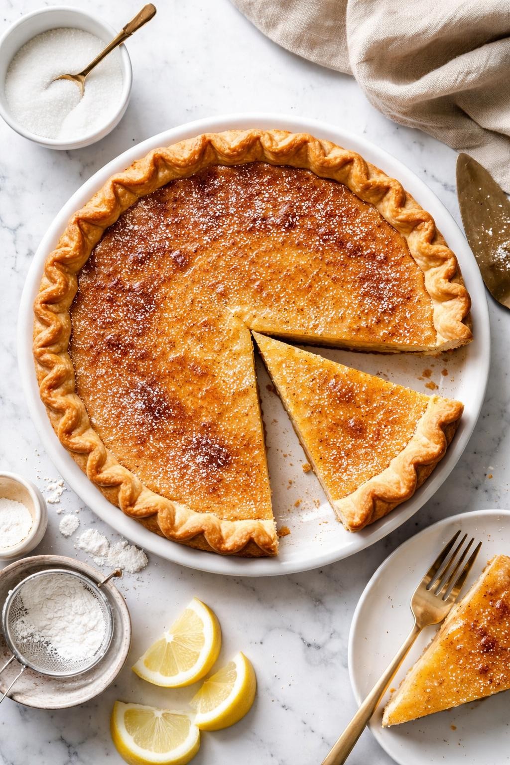 An overheard picture view of a plate of Vinegar Pie sitting on a marble countertop table in the kitchen, professional food photography style.