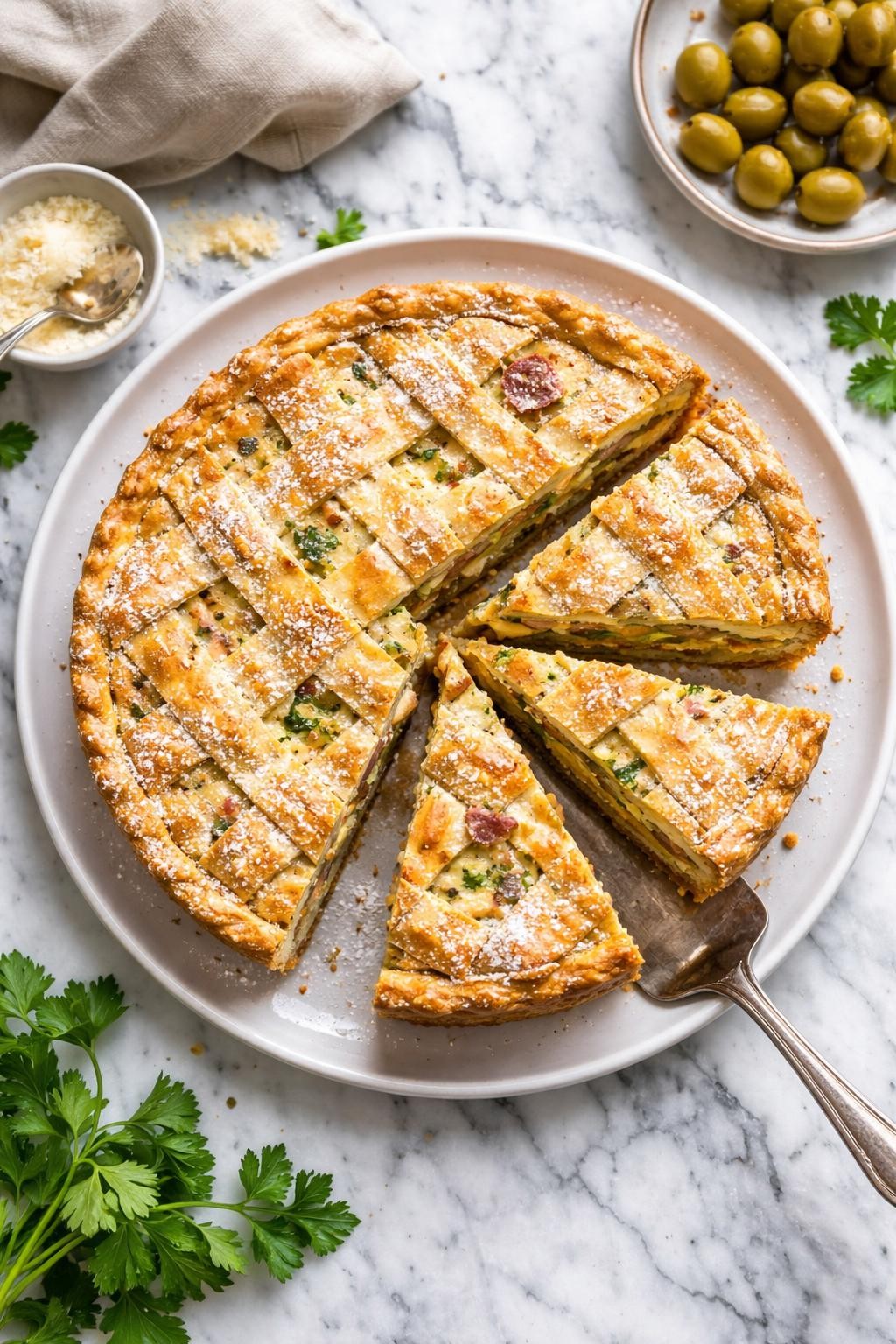 An overheard picture view of a plate of Italian Easter Pie (Pizzelle or Pastiera) sitting on a marble countertop table in the kitchen, professional food photography style.