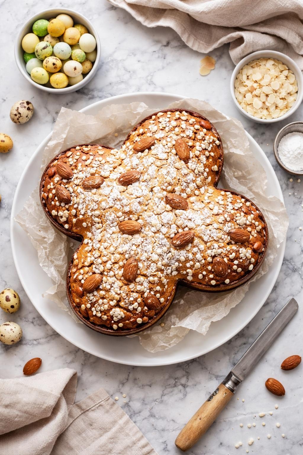 An overheard picture view of a plate of Colomba di Pasqua (Easter Dove Cake) sitting on a marble countertop table in the kitchen, professional food photography style.