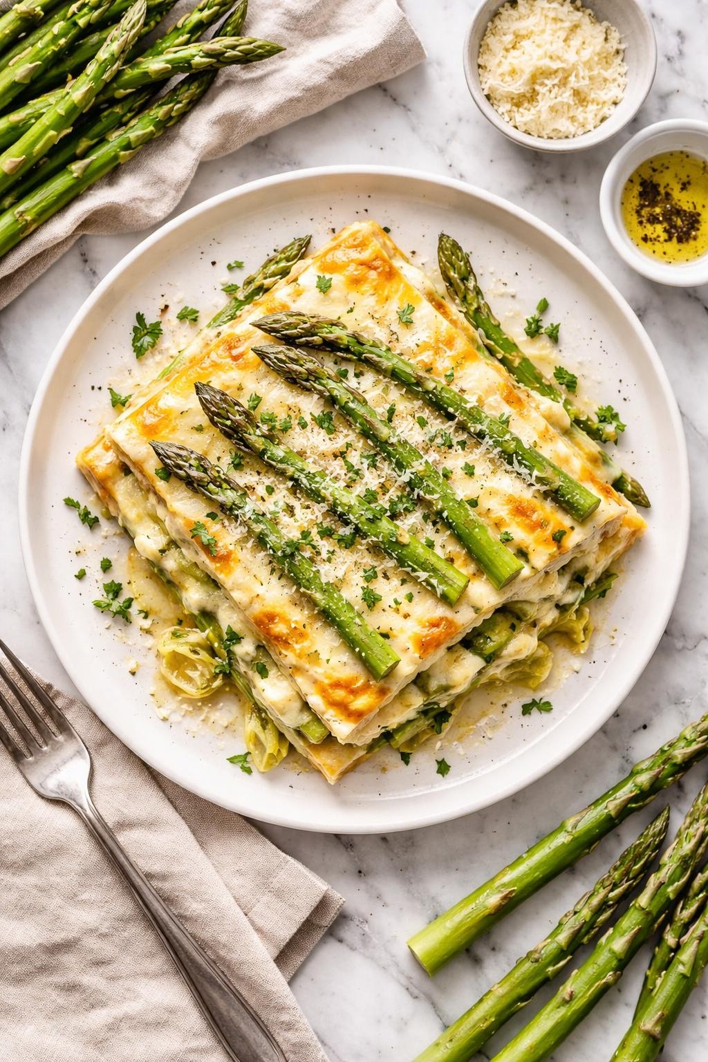 An overheard picture view of a plate of Lasagne agli Asparagi (Asparagus Lasagna) sitting on a marble countertop table in the kitchen, professional food photography style.