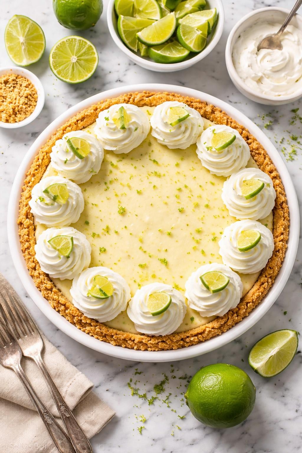 An overheard picture view of a plate of Classic Key Lime Pie sitting on a marble countertop table in the kitchen, professional food photography style.
