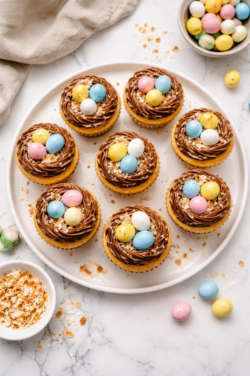 An overheard picture view of a plate of Bird's Nest Cupcakes sitting on a marble countertop table in the kitchen, professional food photography style.