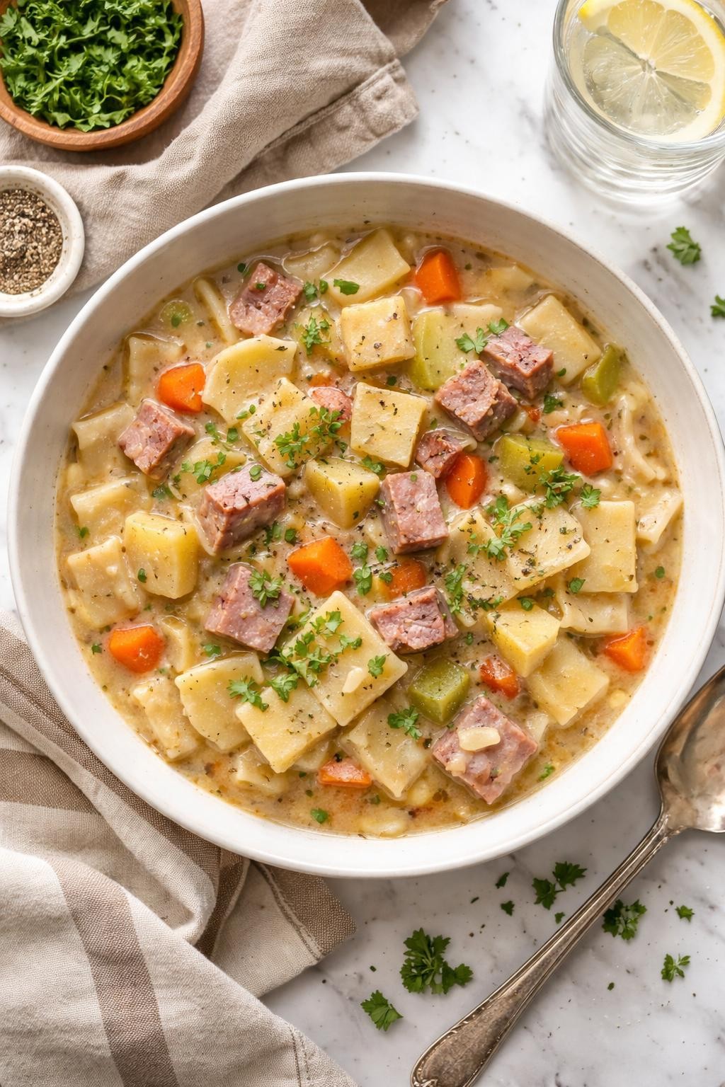An overheard picture view of a plate of Pennsylvania Dutch Ham Pot Pie sitting on a marble countertop table in the kitchen, professional food photography style.