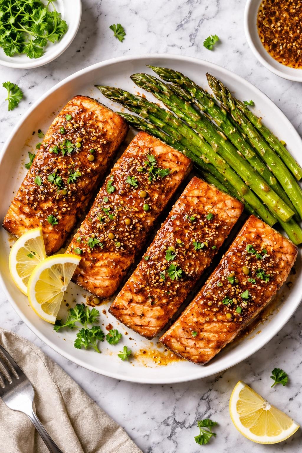 An overheard picture view of a plate of Brown Sugar Dijon Salmon sitting on a marble countertop table in the kitchen, professional food photography style.