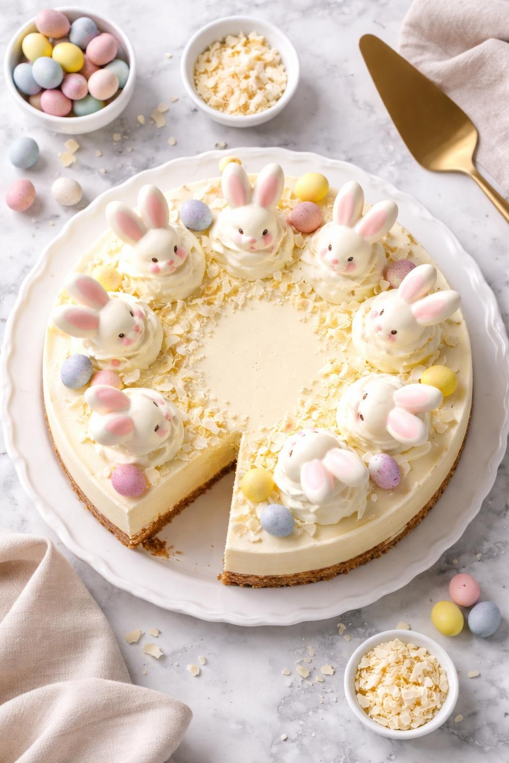 An overheard picture view of a plate of White Chocolate Bunny Cheesecake sitting on a marble countertop table in the kitchen, professional food photography style.