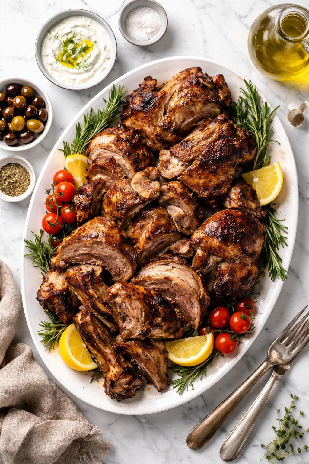 An overheard picture view of a plate of Roasted Lamb on the Spit (Arni sti Souvla) sitting on a marble countertop table in the kitchen, professional food photography style.