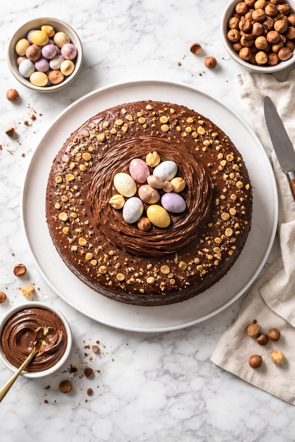 An overheard picture view of a plate of Chocolate Hazelnut Easter Cake sitting on a marble countertop table in the kitchen, professional food photography style.
