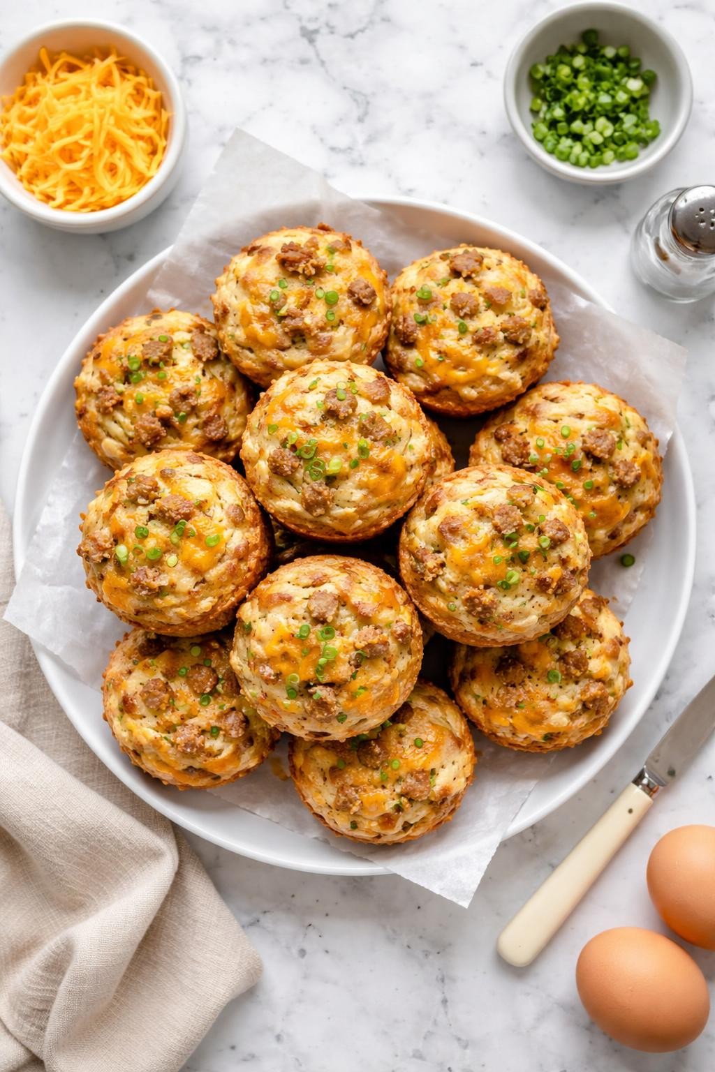 An overheard picture view of a plate of Sausage and Cheese Breakfast Muffins sitting on a marble countertop table in the kitchen, professional food photography style.