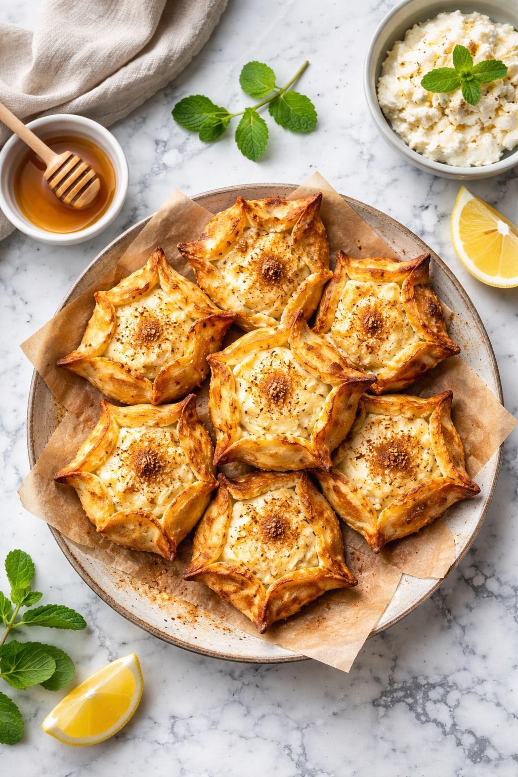 An overheard picture view of a plate of Kaltsounia (Cretan Easter Cheese Pies) sitting on a marble countertop table in the kitchen, professional food photography style.