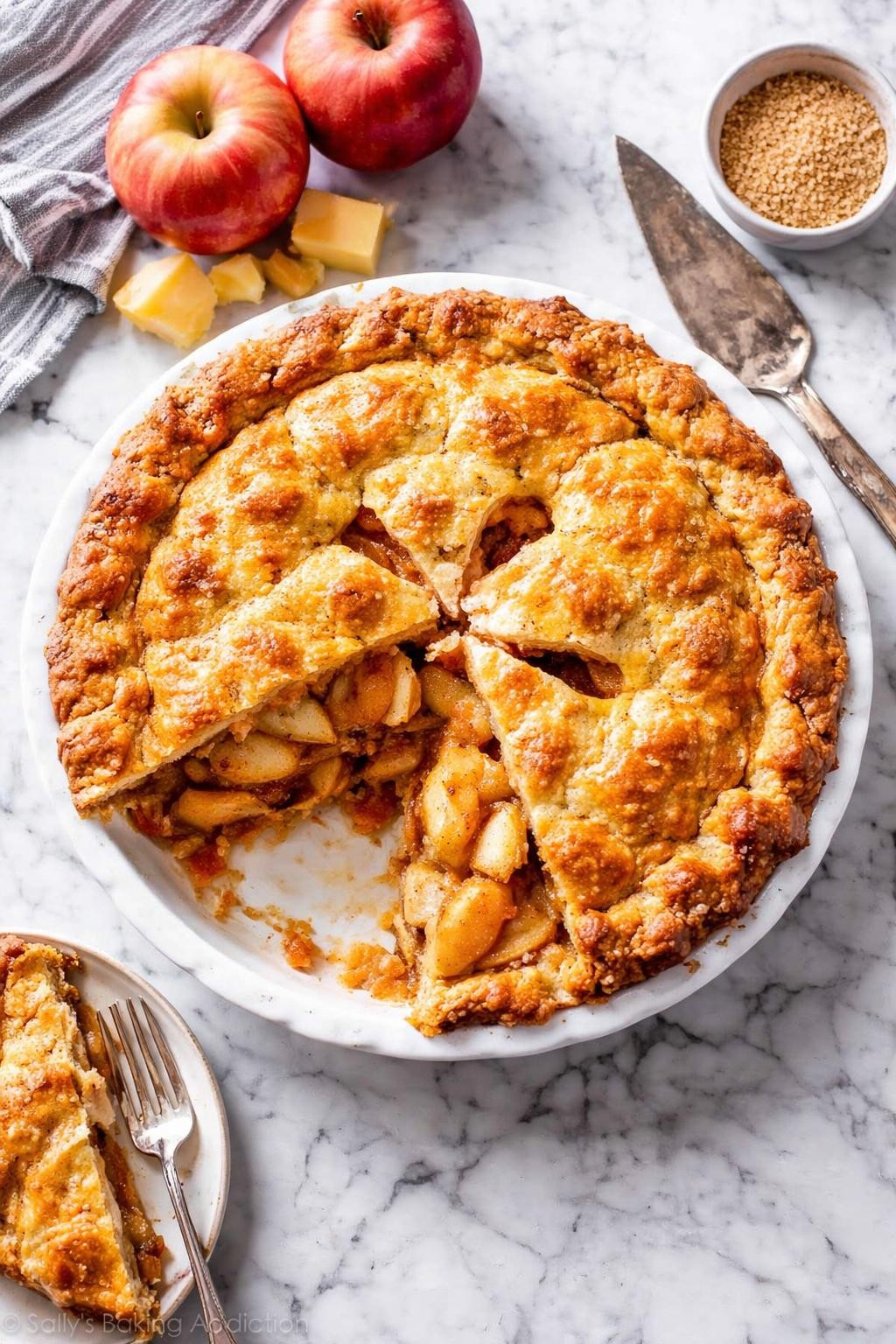 An overheard picture view of a plate of Classic Apple Pie with Cheddar Crust sitting on a marble countertop table in the kitchen, professional food photography style.