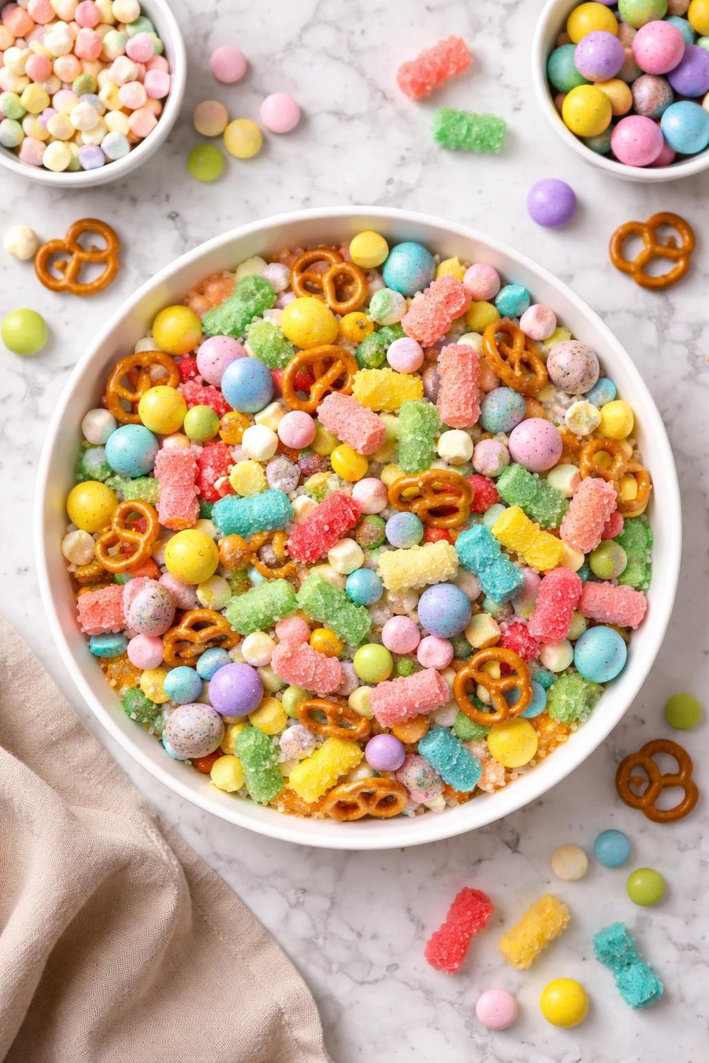 An overheard picture view of a plate of Sour Patch Easter Trail Mix sitting on a marble countertop table in the kitchen, professional food photography style.