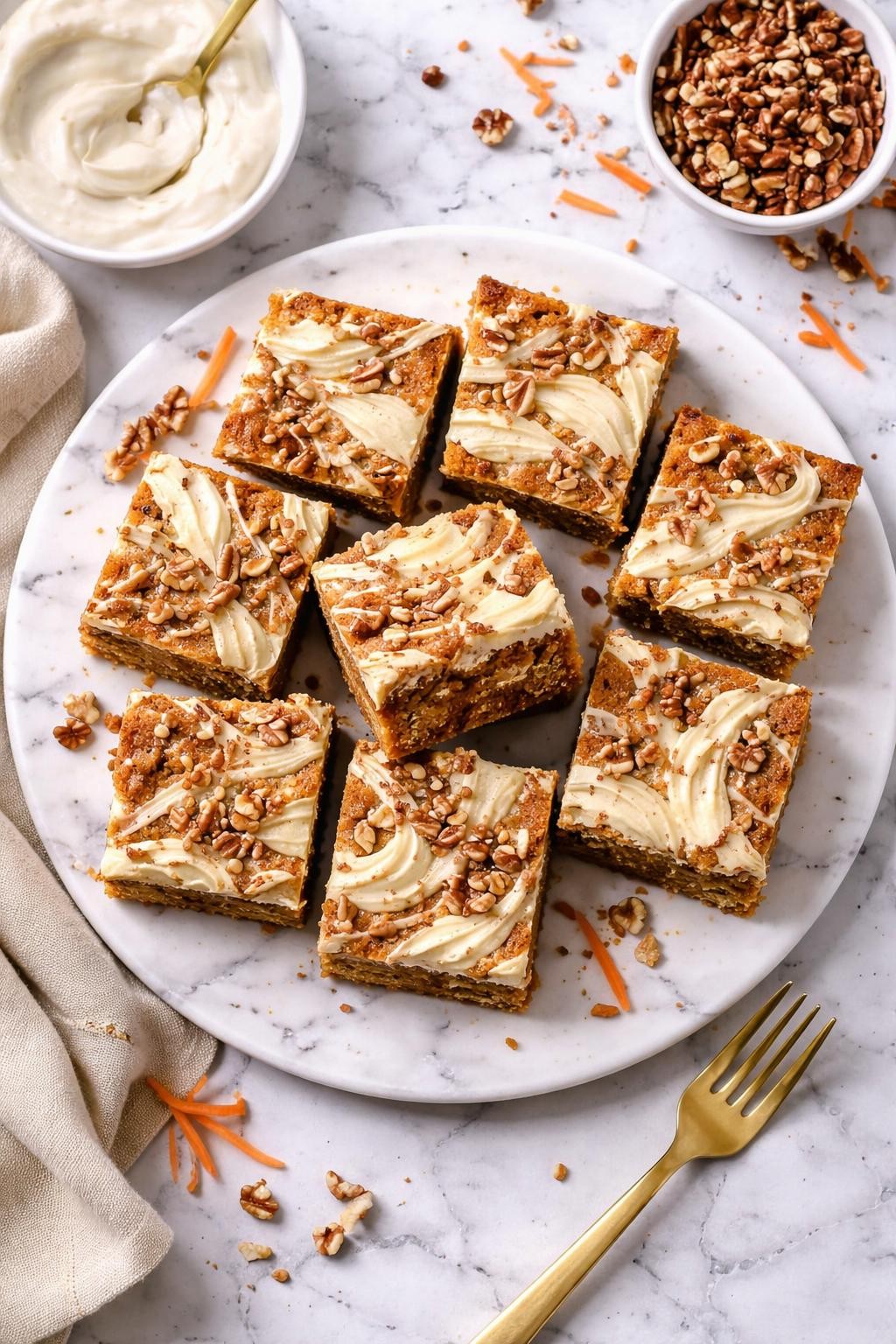 An overheard picture view of a plate of Carrot Cake Cheesecake Swirl sitting on a marble countertop table in the kitchen, professional food photography style.