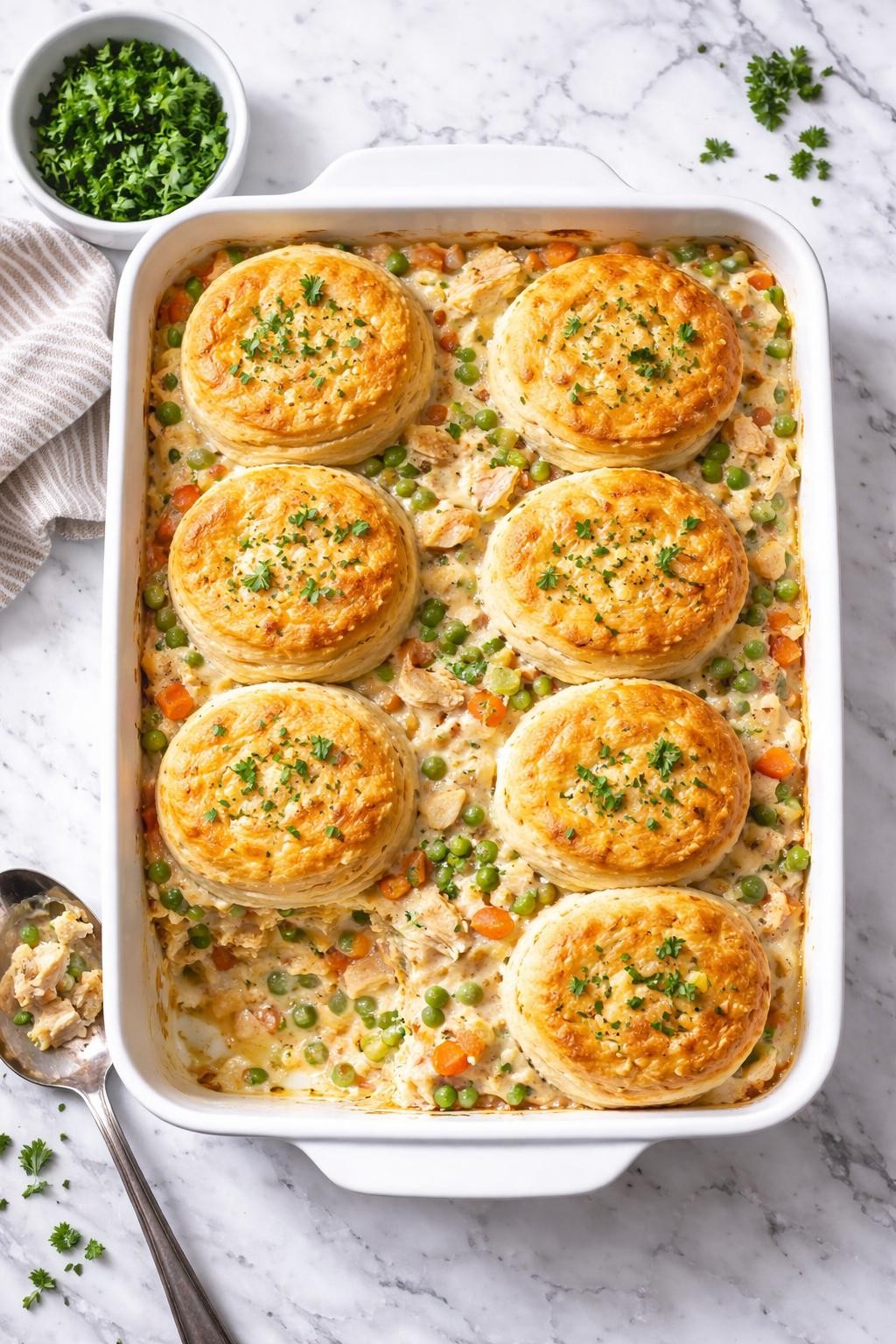 An overheard picture view of a plate of Chicken and Biscuit Casserole sitting on a marble countertop table in the kitchen, professional food photography style.