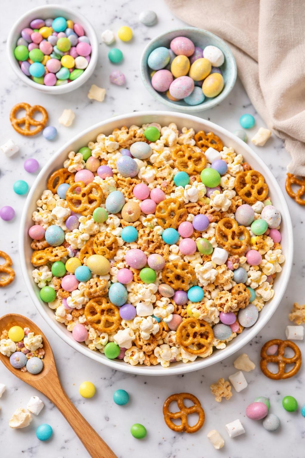 An overheard picture view of a plate of Nut-Free Easter Trail Mix sitting on a marble countertop table in the kitchen, professional food photography style.