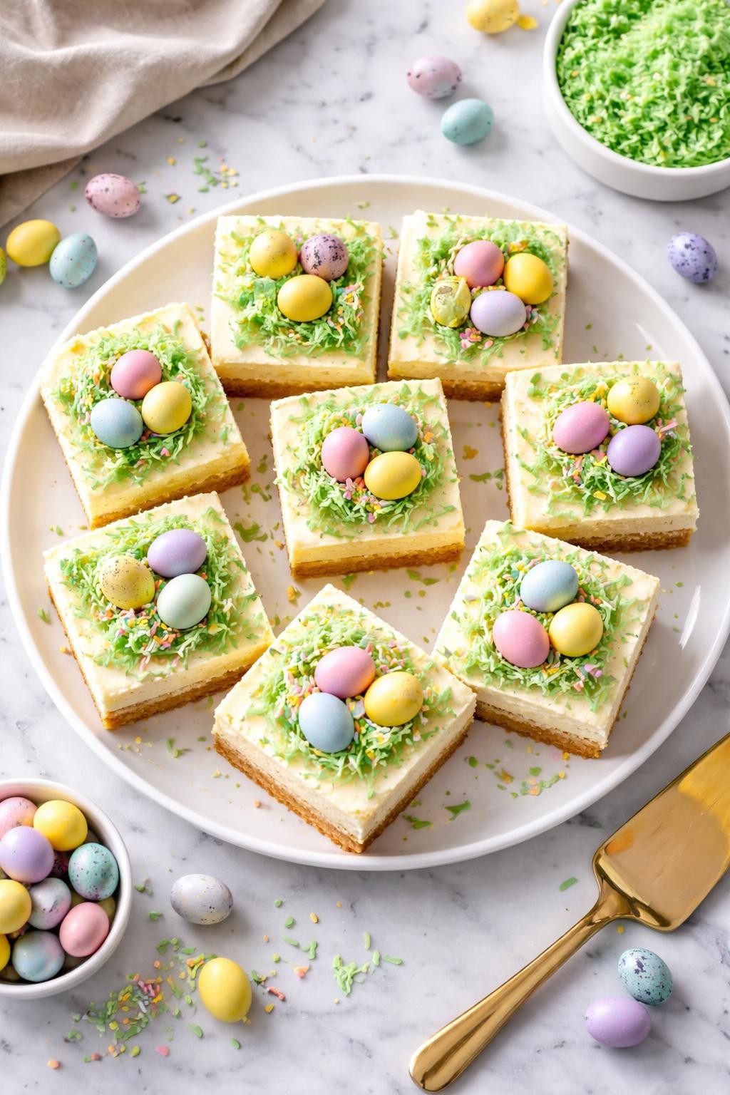 An overheard picture view of a plate of Easter Basket Cheesecake Bars sitting on a marble countertop table in the kitchen, professional food photography style.