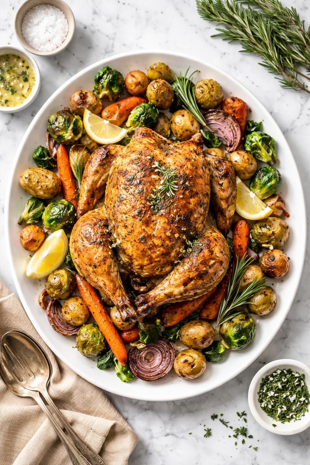 An overheard picture view of a plate of Garlic Butter Roast Chicken with Vegetables sitting on a marble countertop table in the kitchen, professional food photography style.