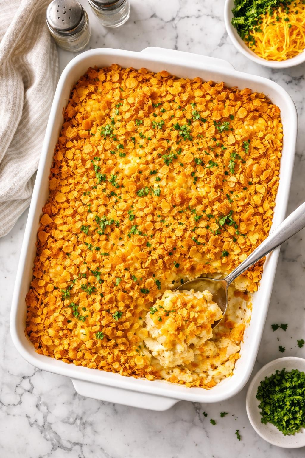 An overheard picture view of a plate of Funeral Potatoes sitting on a marble countertop table in the kitchen, professional food photography style.