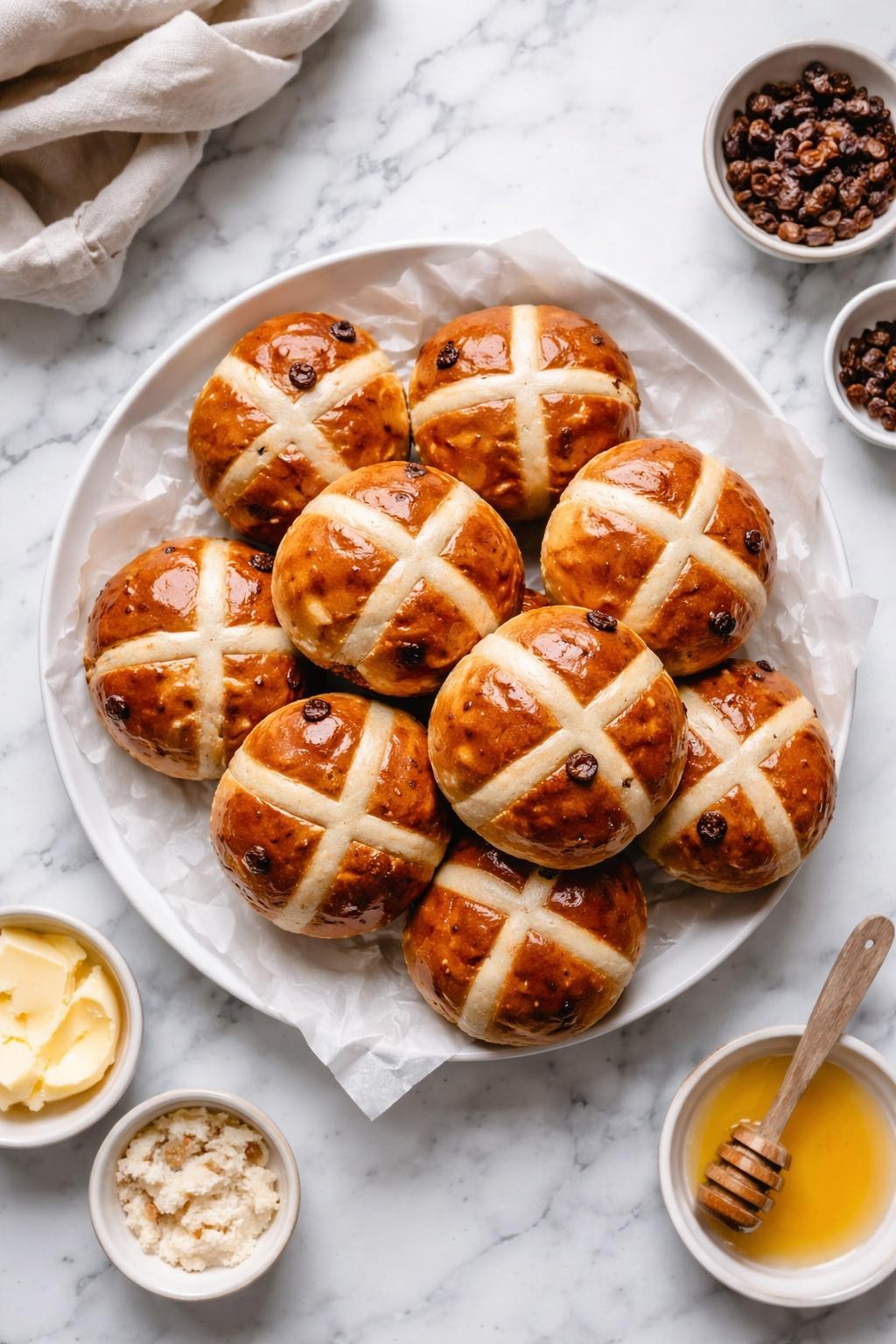 An overheard picture view of a plate of Sourdough Hot Cross Buns sitting on a marble countertop table in the kitchen, professional food photography style.