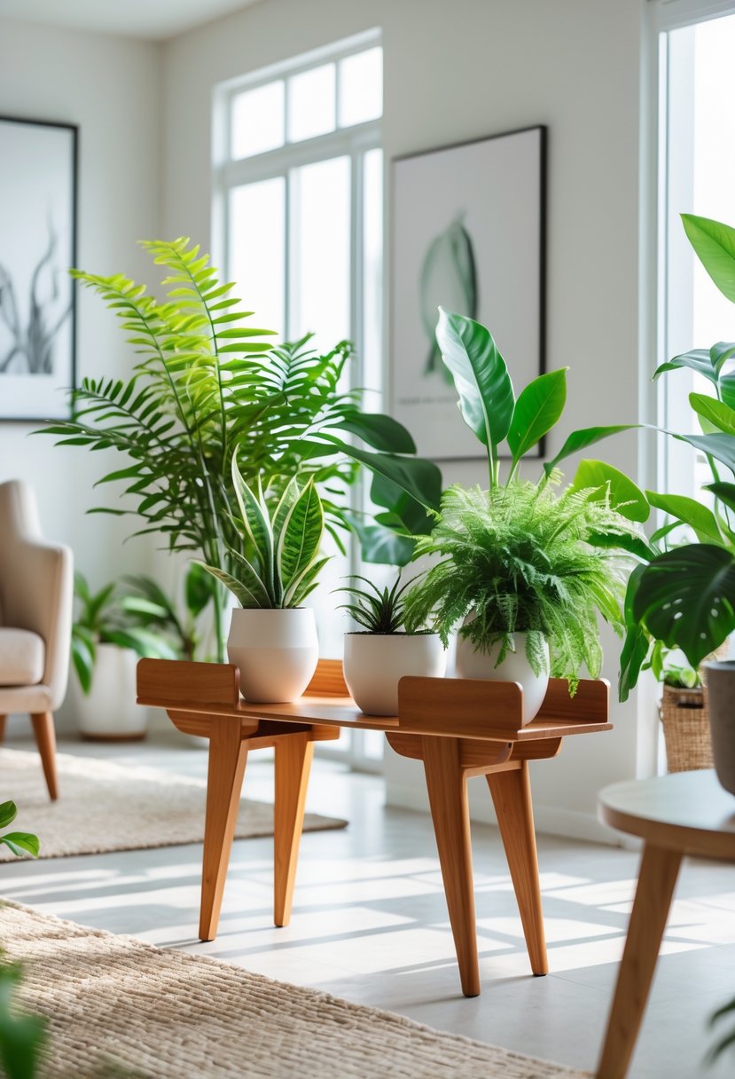 A wooden plant stand holding several green indoor plants in a bright living room with natural light.